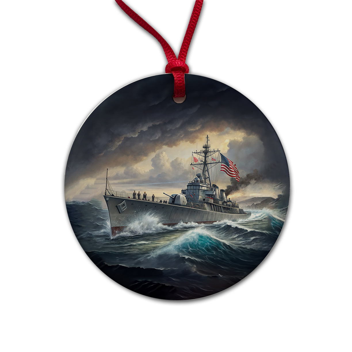 WWII US Navy Destroyer at Sea Round Ceramic Holiday Christmas Tree Ornament