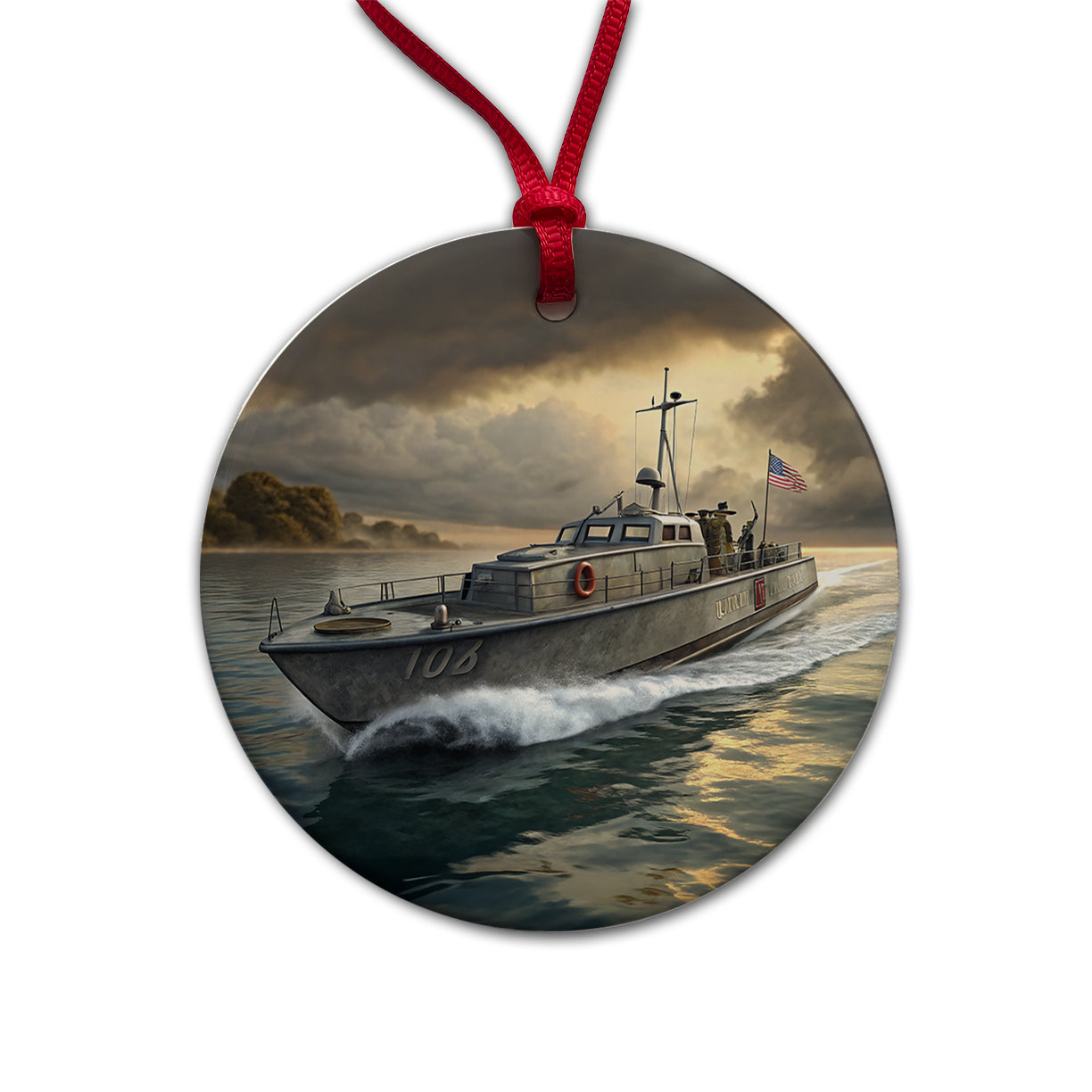 WWII US Navy PT Patrol Boat Round Ceramic Holiday Christmas Tree Ornament