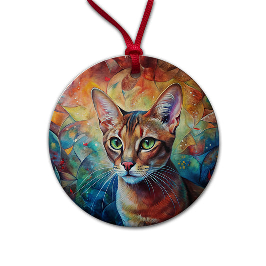 Abyssinian Cat Abstract Art Round Ceramic Holiday Christmas Tree Ornament