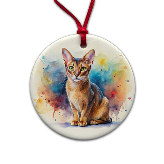 Abyssinian Cat Watercolor Style Round Ceramic Holiday Christmas Tree Ornament