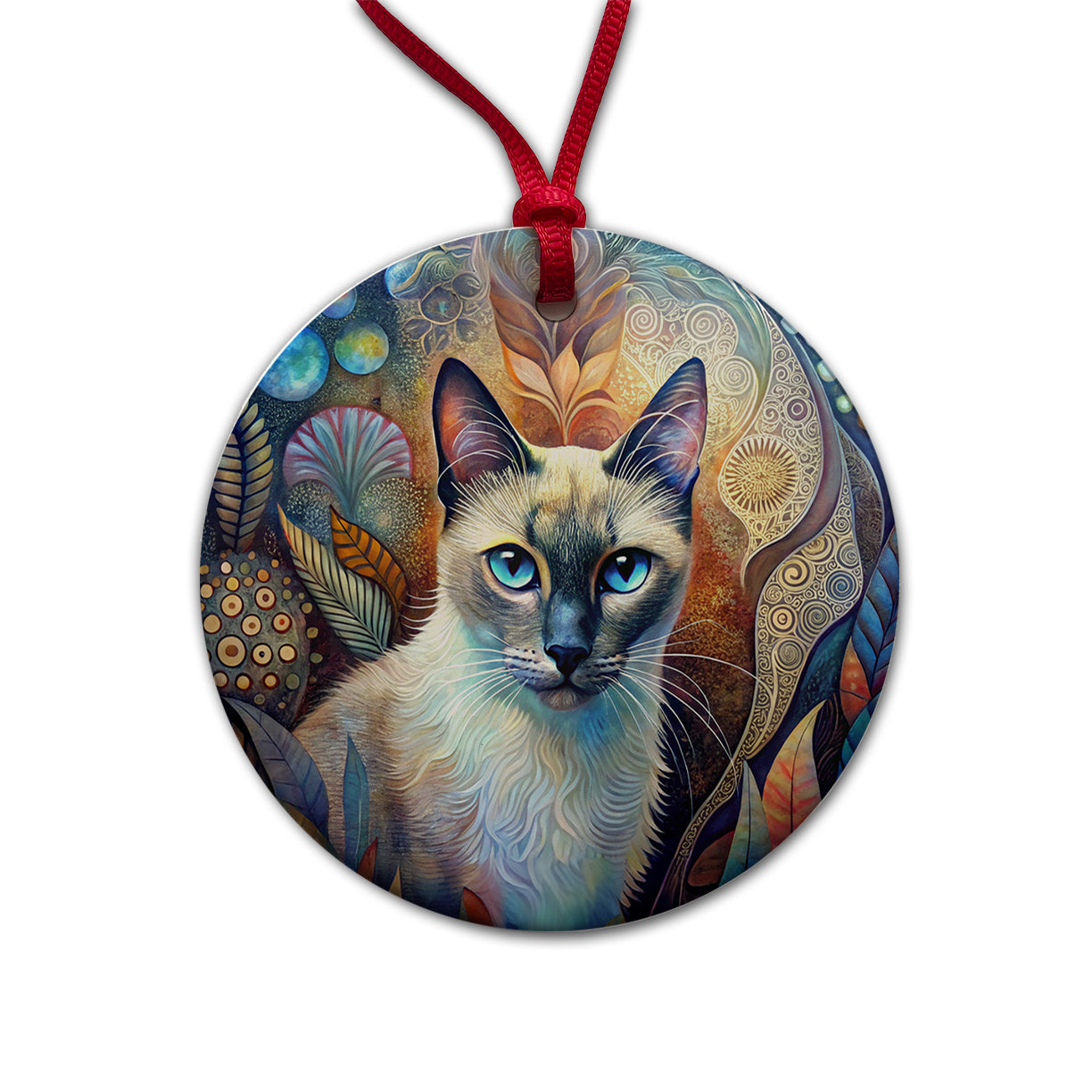 Balinese Cat Abstract Art Round Ceramic Holiday Christmas Tree Ornament