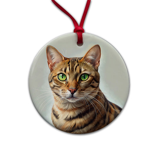 Bengal Cat Illustration Round Ceramic Holiday Christmas Tree Ornament