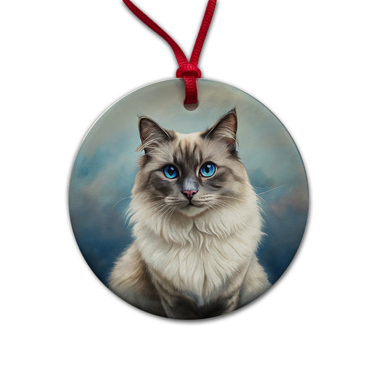Birman Cat Illustration Round Ceramic Holiday Christmas Tree Ornament