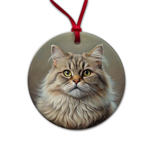 British Longhair Cat Illustration Round Ceramic Holiday Christmas Tree Ornament