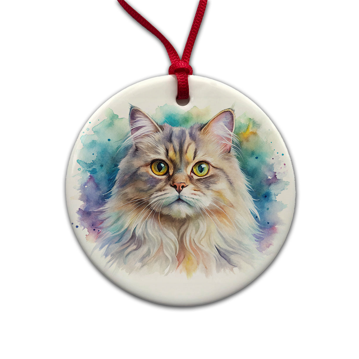 British Longhair Cat Watercolor Style Round Ceramic Holiday Christmas Tree Ornament