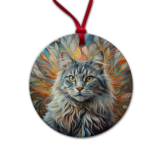 British Longhair Gray Cat Abstract Art Round Ceramic Holiday Christmas Tree Ornament