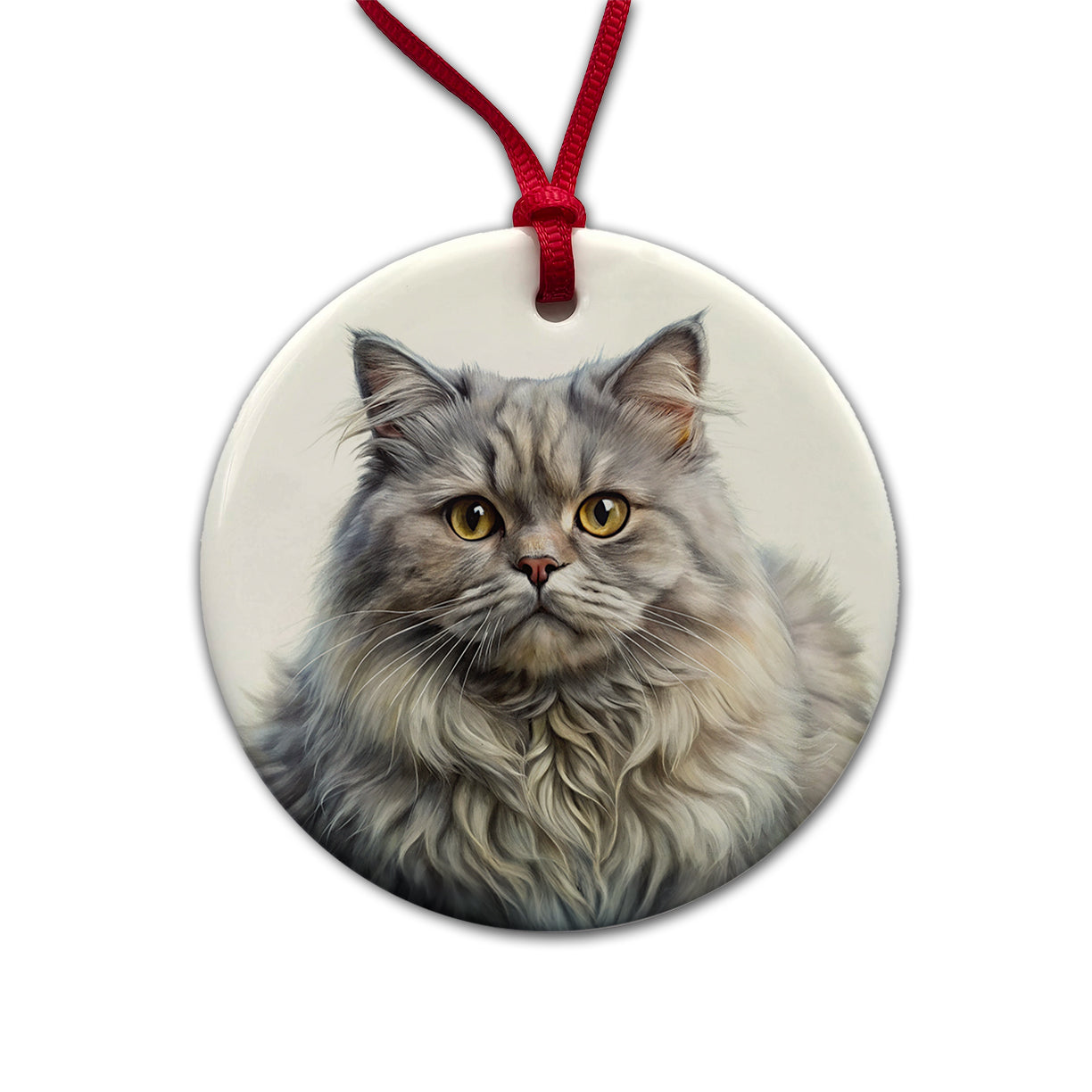 British Longhair Gray Cat Illustration Round Ceramic Holiday Christmas Tree Ornament