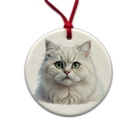British Longhair White Cat Illustration Round Ceramic Holiday Christmas Tree Ornament