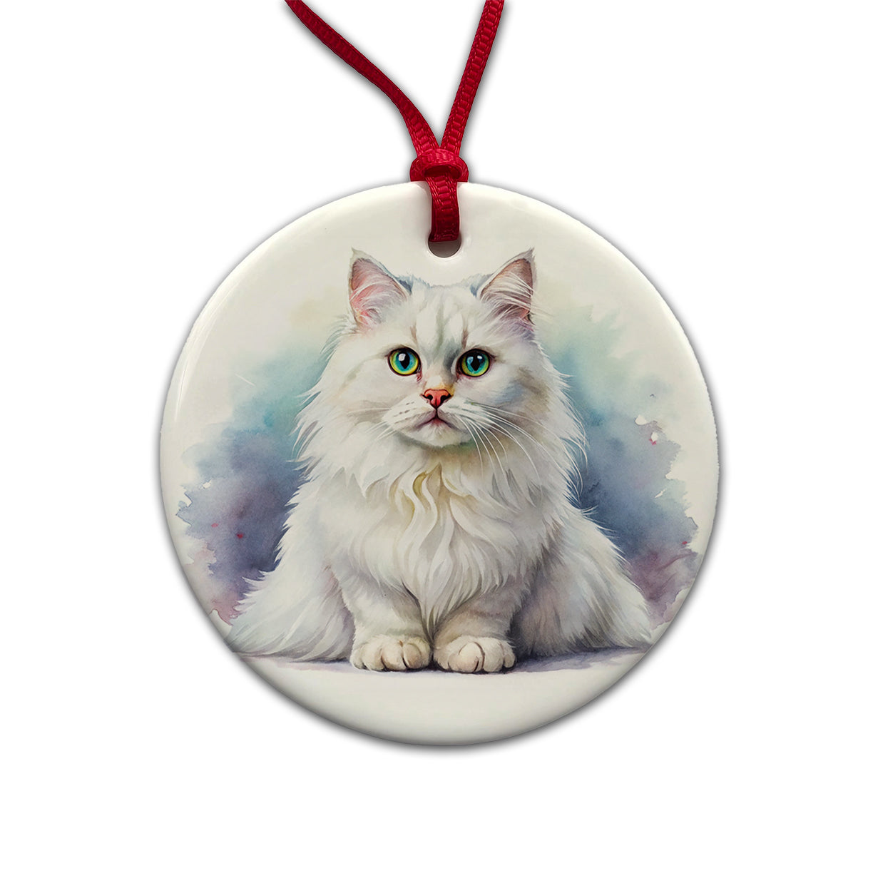 British Longhair White Cat Watercolor Style Round Ceramic Holiday Christmas Tree Ornament