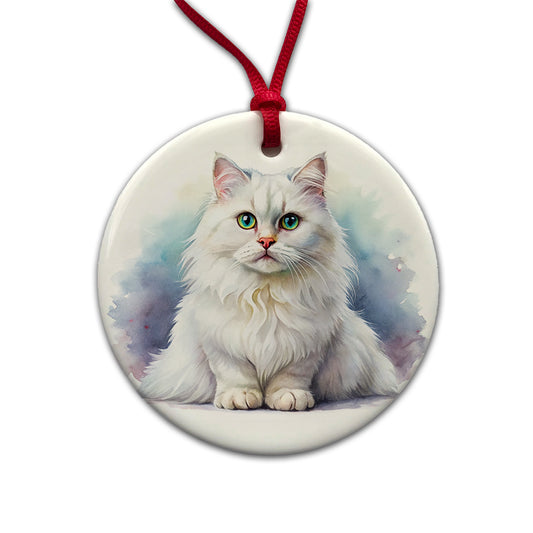 British Longhair White Cat Watercolor Style Round Ceramic Holiday Christmas Tree Ornament