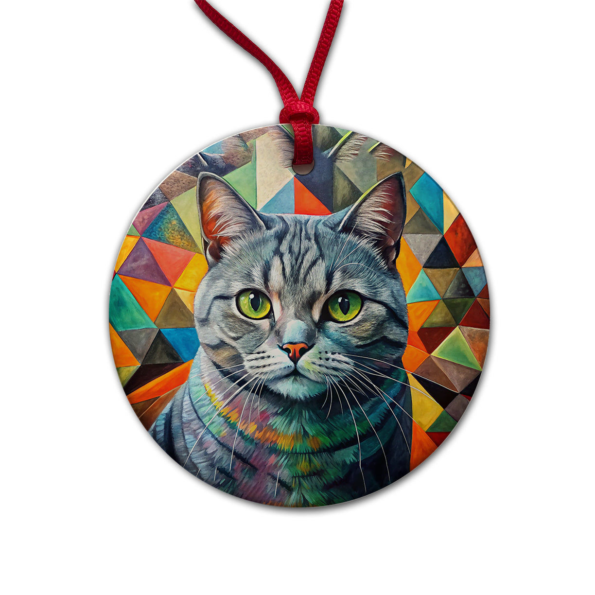 British Shorthair Gray Cat Abstract Art Round Ceramic Holiday Christmas Tree Ornament
