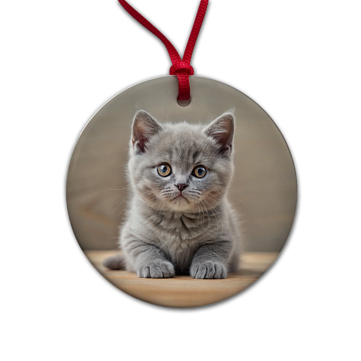 British Shorthair Gray Cat Kitten Photo Round Ceramic Holiday Christmas Tree Ornament
