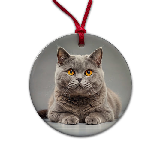 British Shorthair Gray Cat Photo Round Ceramic Holiday Christmas Tree Ornament