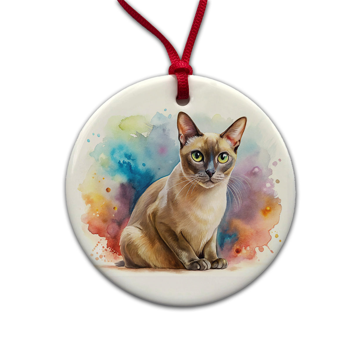 Burmese Cat Watercolor Style Round Ceramic Holiday Christmas Tree Ornament