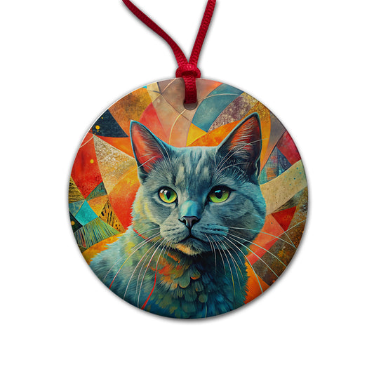 Chartreux Cat Abstract Art Round Ceramic Holiday Christmas Tree Ornament