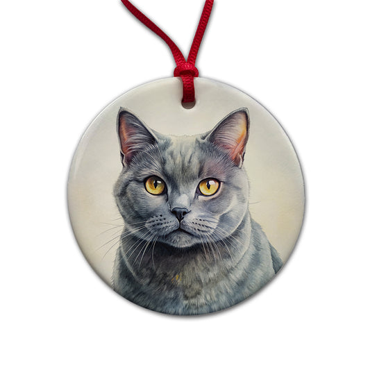 Chartreux Cat Illustration Round Ceramic Holiday Christmas Tree Ornament