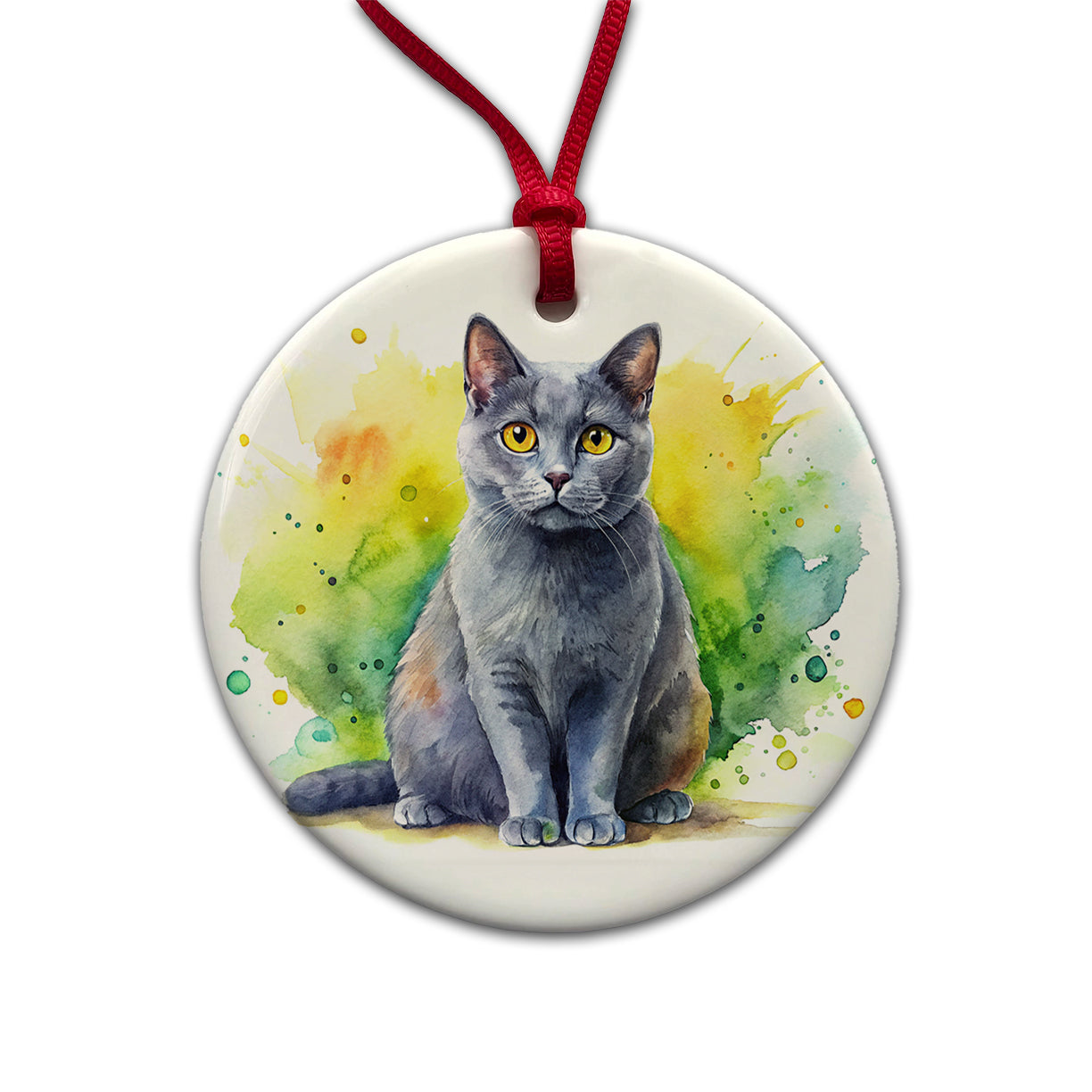 Chartreux Cat Watercolor Style Round Ceramic Holiday Christmas Tree Ornament