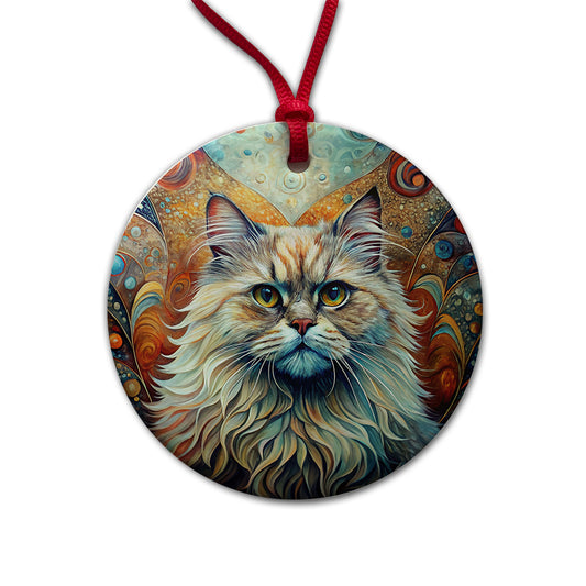 Classic Persian Cat Abstract Art Round Ceramic Holiday Christmas Tree Ornament