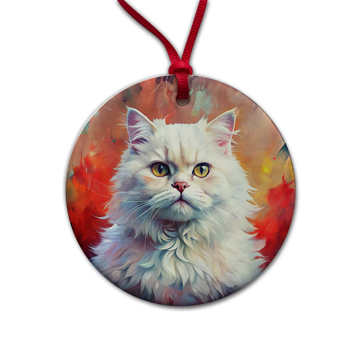 Classic Persian White Cat Abstract Art Round Ceramic Holiday Christmas Tree Ornament