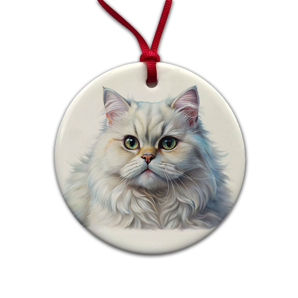 Classic Persian White Cat Illustration Round Ceramic Holiday Christmas Tree Ornament
