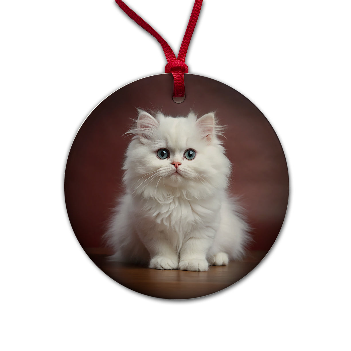 Classic Persian White Cat Kitten Photo Round Ceramic Holiday Christmas Tree Ornament