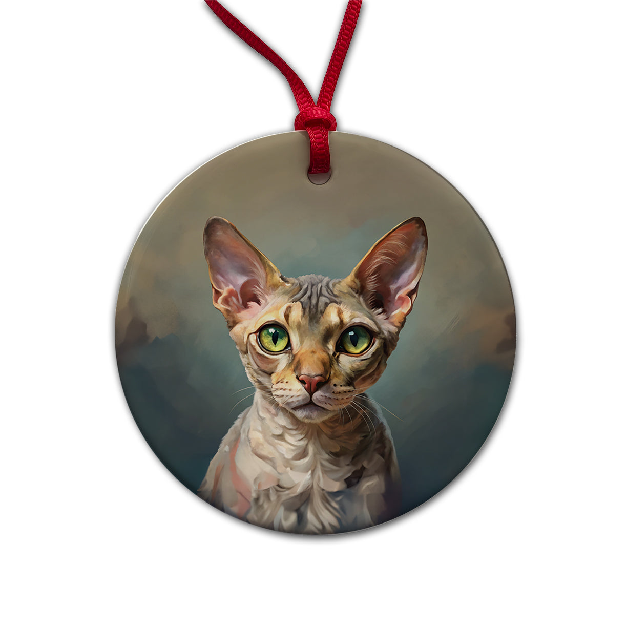 Devon Rex Cat Illustration Round Ceramic Holiday Christmas Tree Ornament