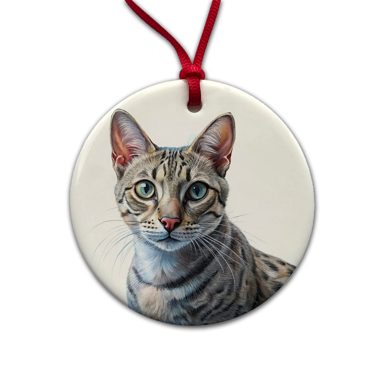 Egyptian Mau Cat Illustration Round Ceramic Holiday Christmas Tree Ornament