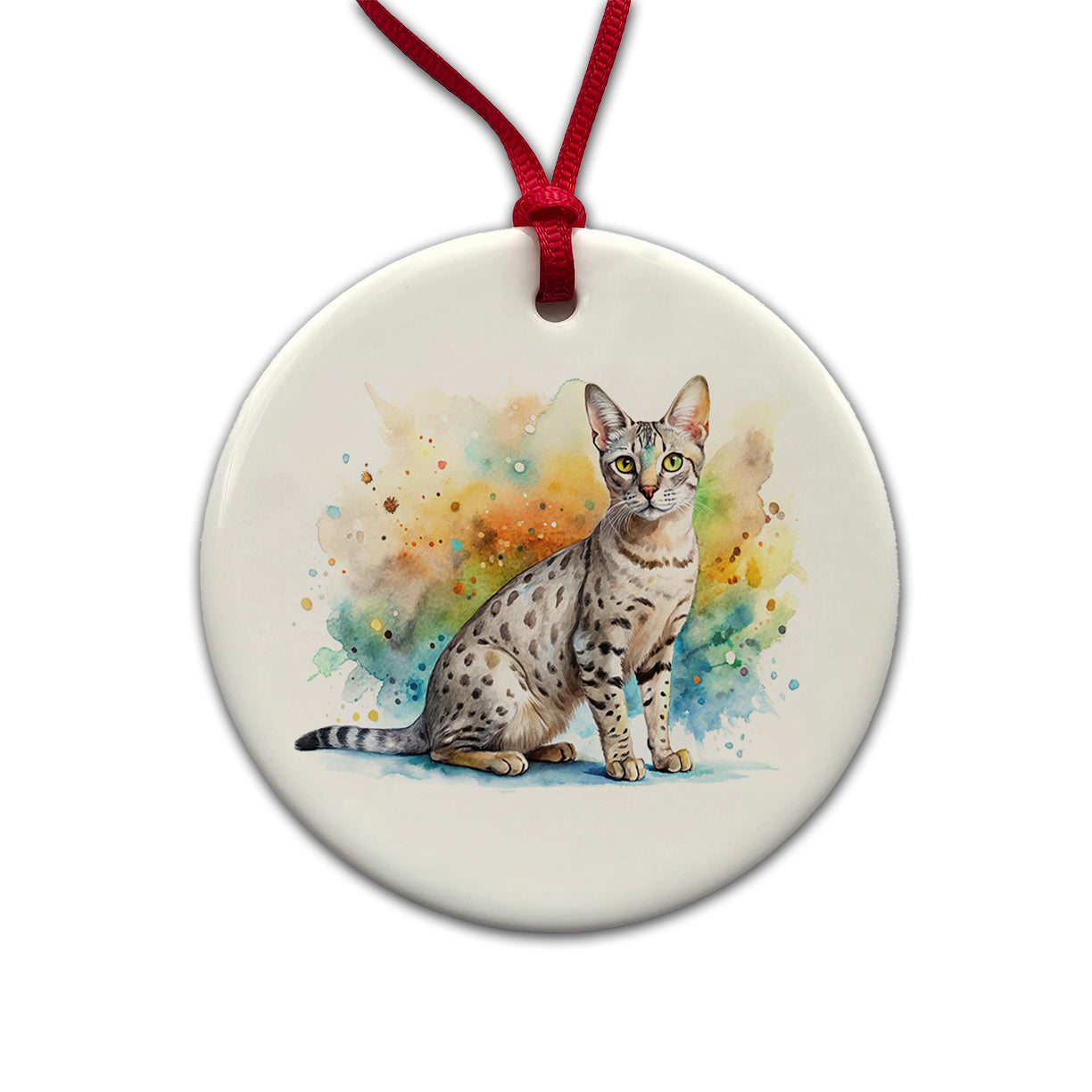 Egyptian Mau Cat Watercolor Style Round Ceramic Holiday Christmas Tree Ornament