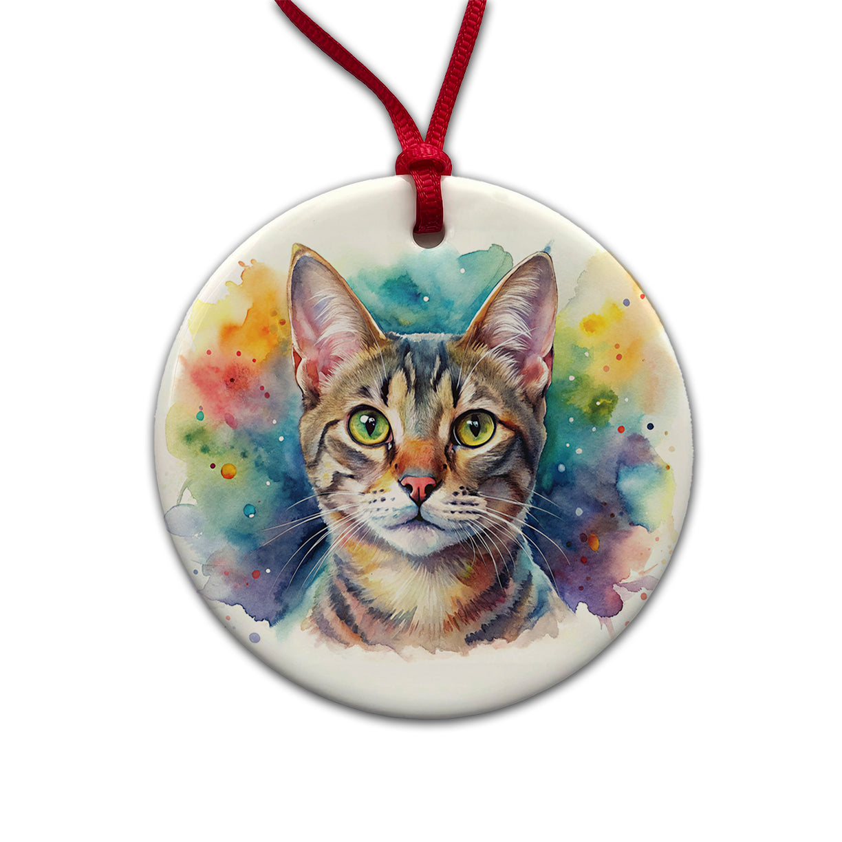 European Shorthair Cat Watercolor Style Round Ceramic Holiday Christmas Tree Ornament