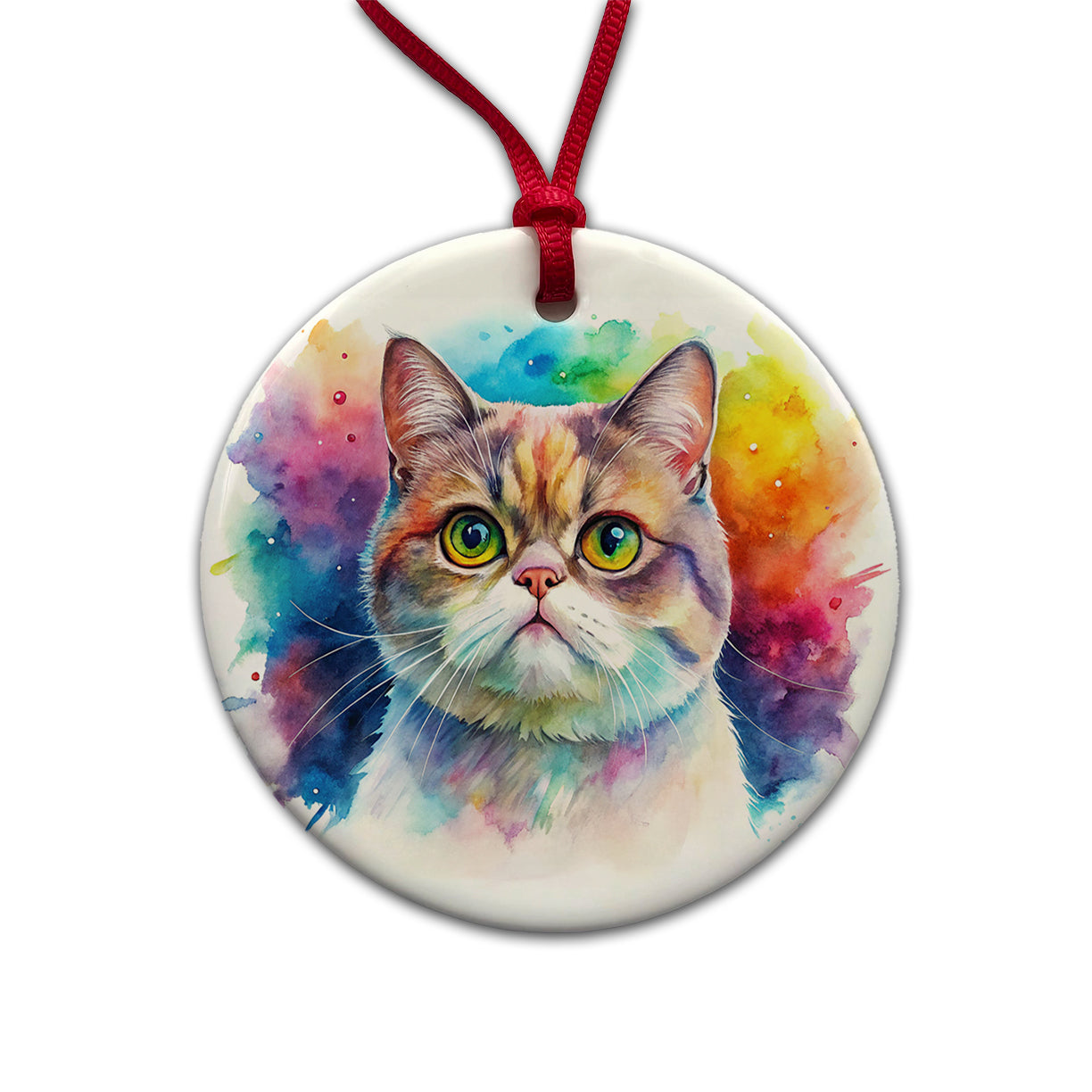 Exotic Shorthair Cat Watercolor Style Round Ceramic Holiday Christmas Tree Ornament