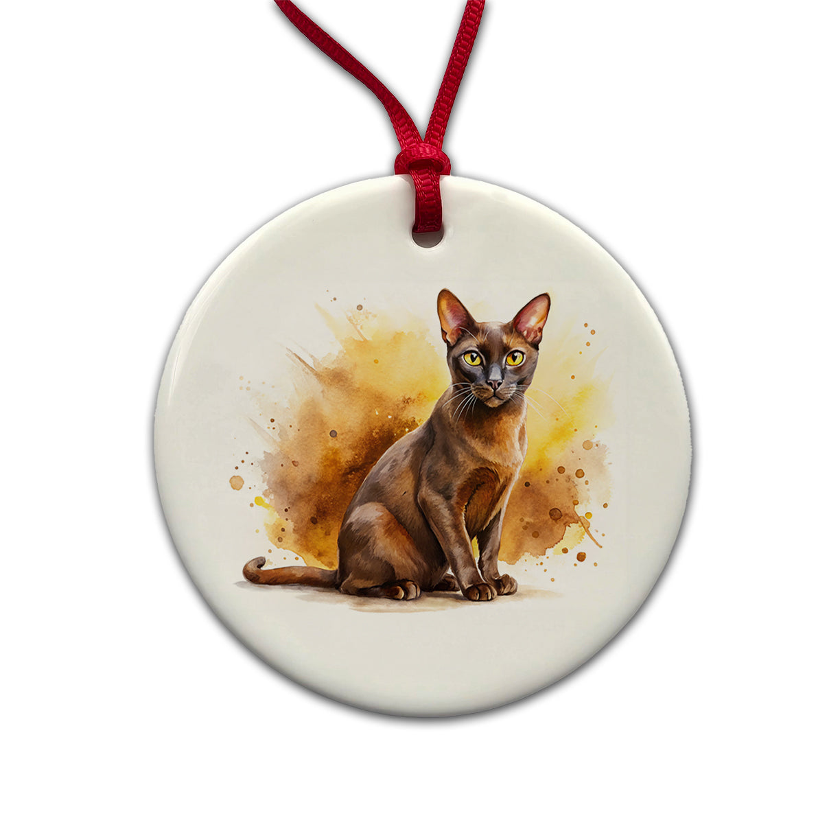Havana Brown Cat Watercolor Style Round Ceramic Holiday Christmas Tree Ornament