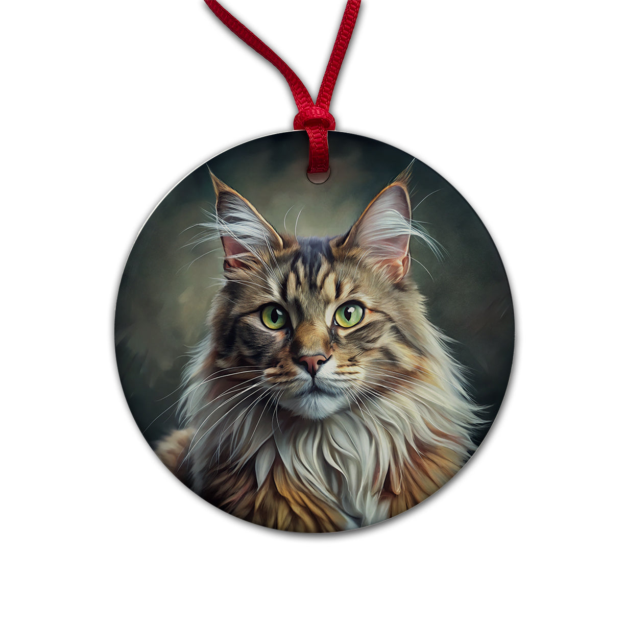 Maine Coon Cat Illustration Round Ceramic Holiday Christmas Tree Ornament