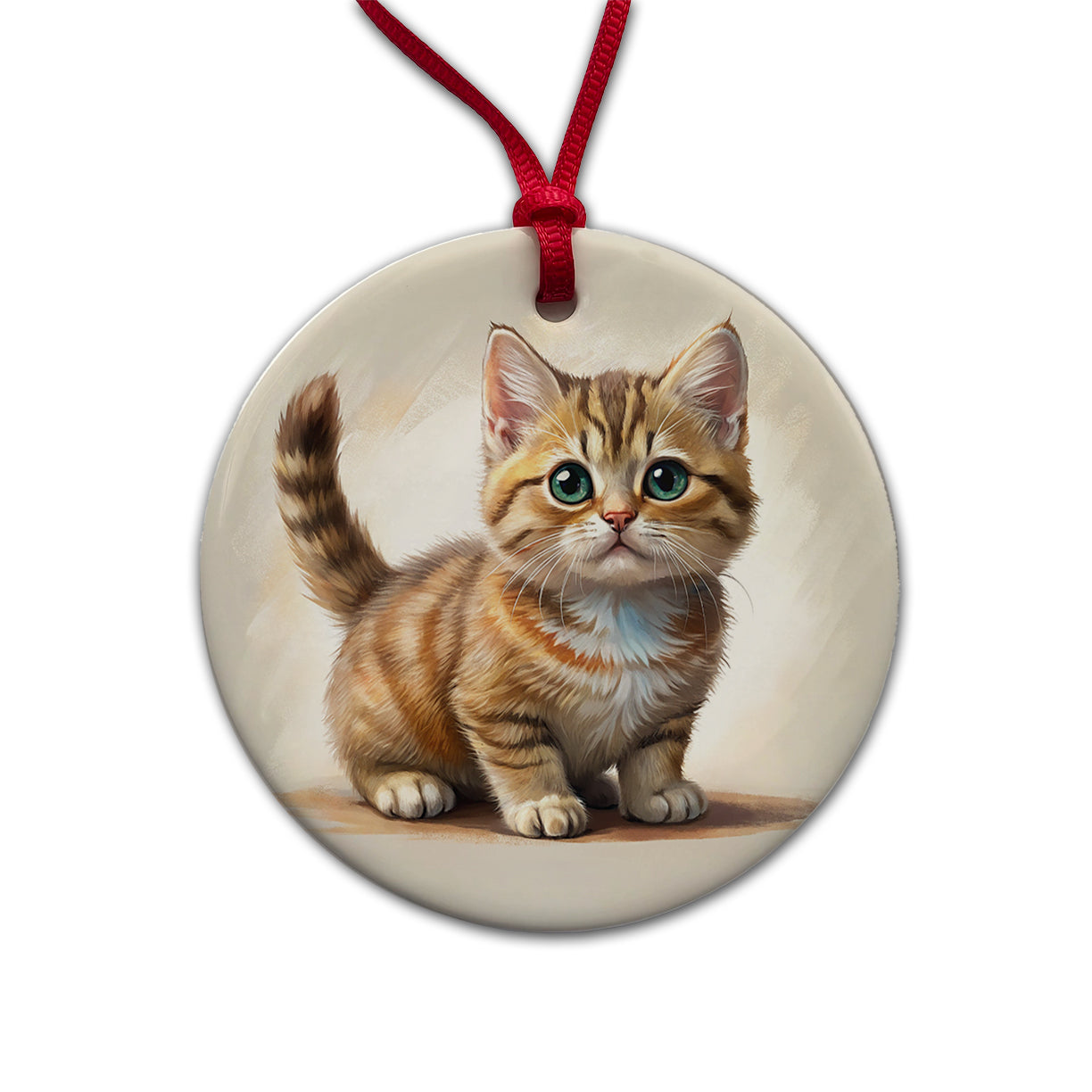 Munchkin Cat Illustration Round Ceramic Holiday Christmas Tree Ornament