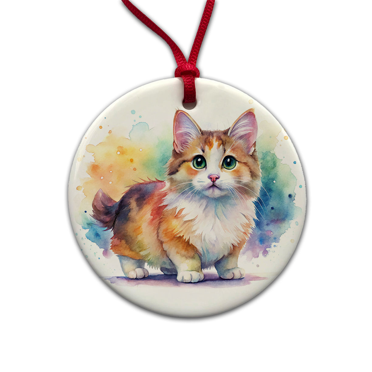 Munchkin Cat Watercolor Style Round Ceramic Holiday Christmas Tree Ornament