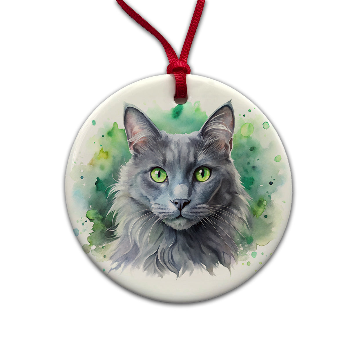 Nebelung Cat With Green Eyes Watercolor Style Round Ceramic Holiday Christmas Tree Ornament