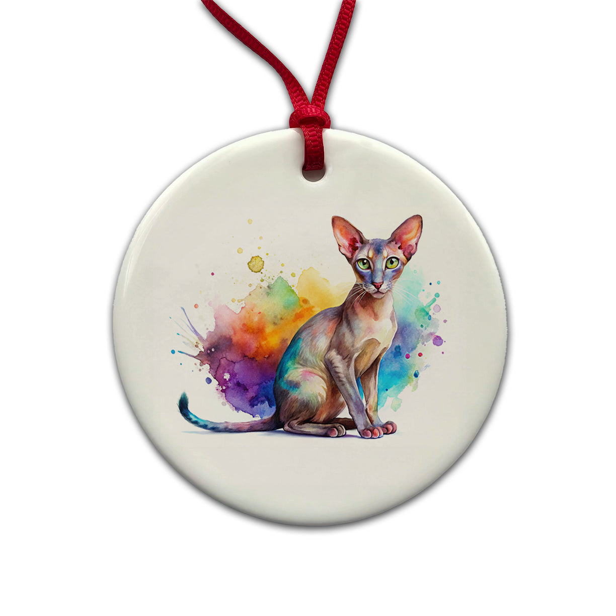 Oriental Shorthair Cat Watercolor Style Round Ceramic Holiday Christmas Tree Ornament
