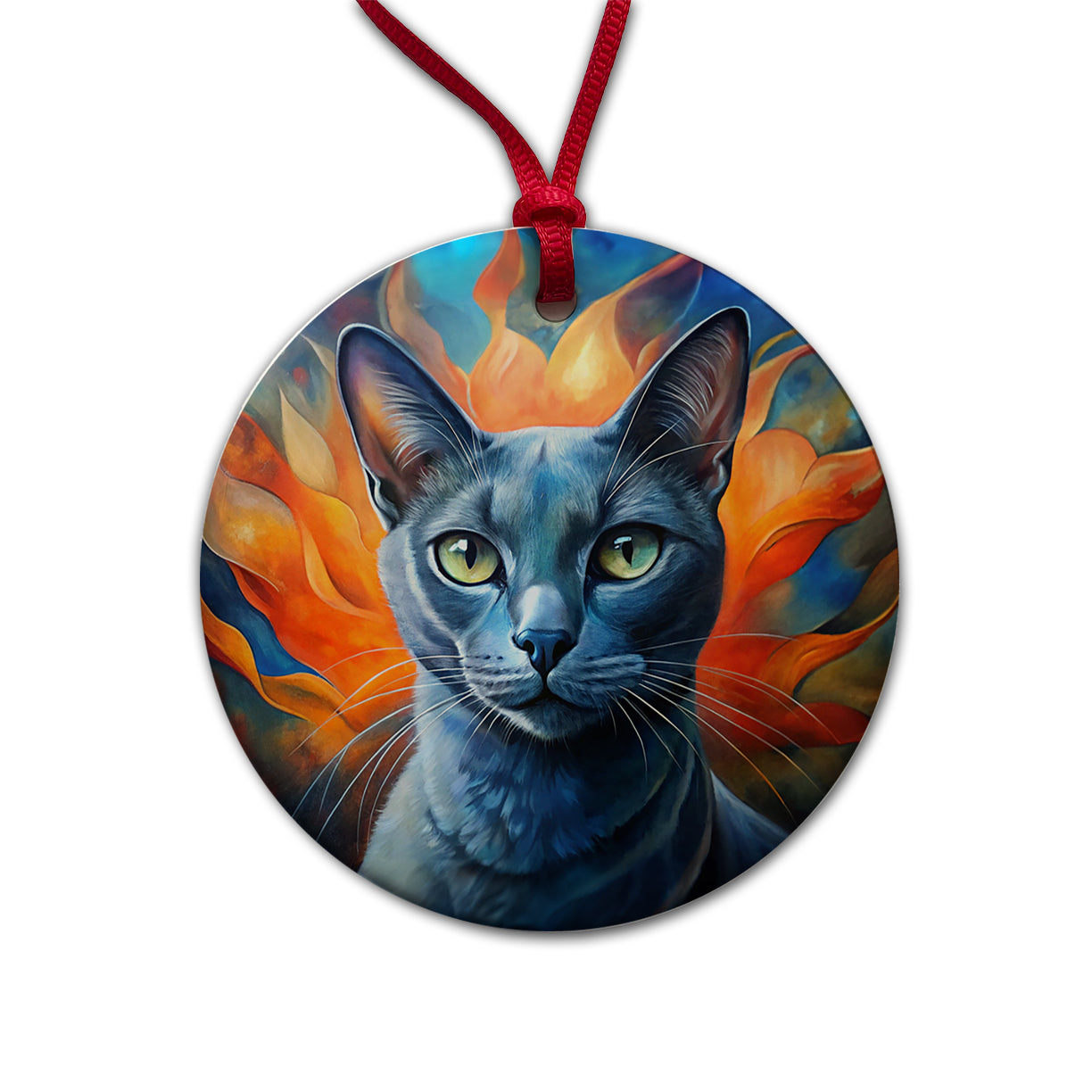 Russian Blue Cat Abstract Art Round Ceramic Holiday Christmas Tree Ornament