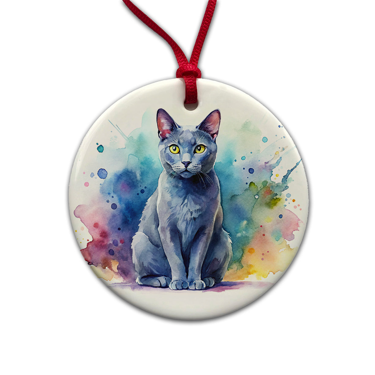 Russian Blue Cat Watercolor Style Round Ceramic Holiday Christmas Tree Ornament