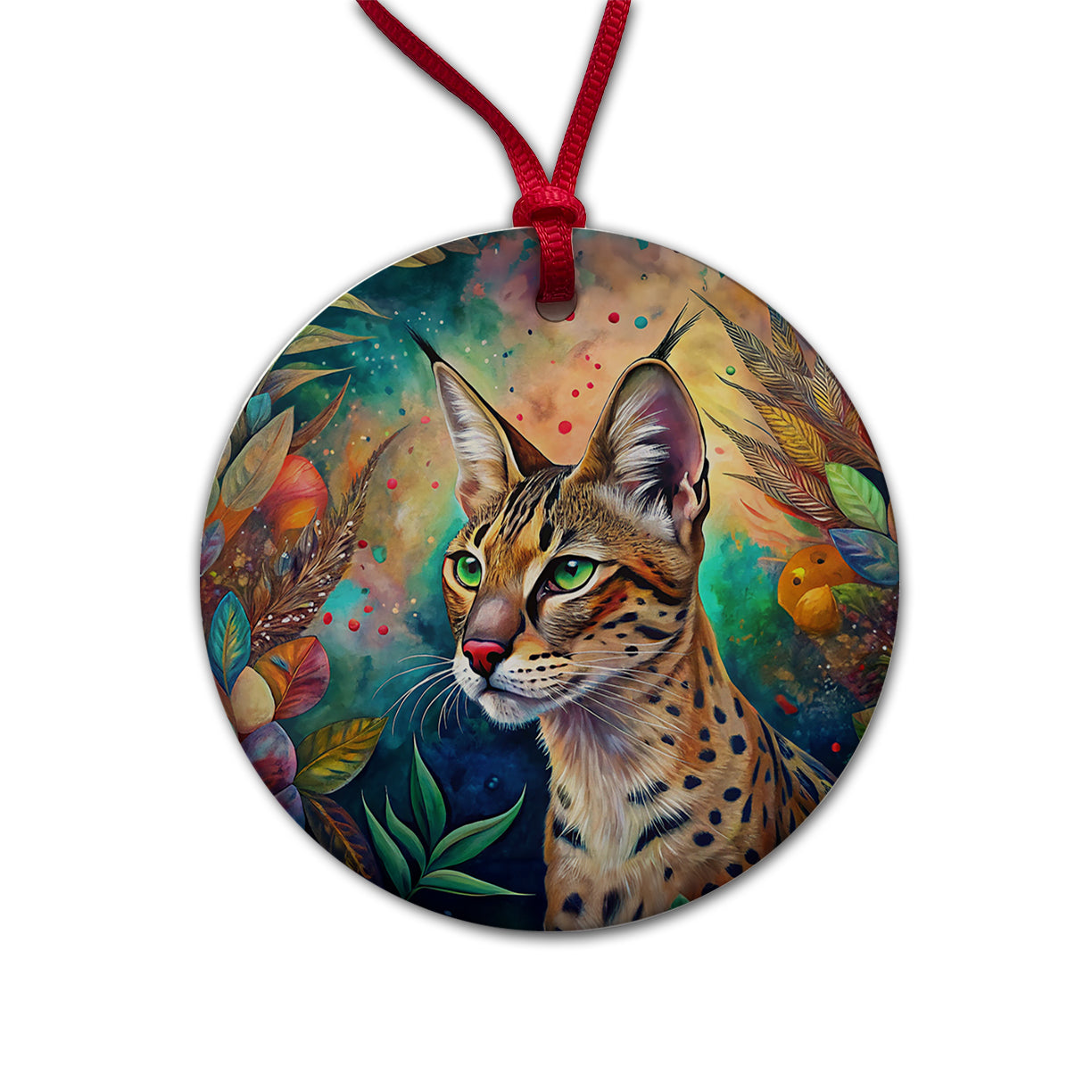 Savannah Cat Abstract Art Round Ceramic Holiday Christmas Tree Ornament