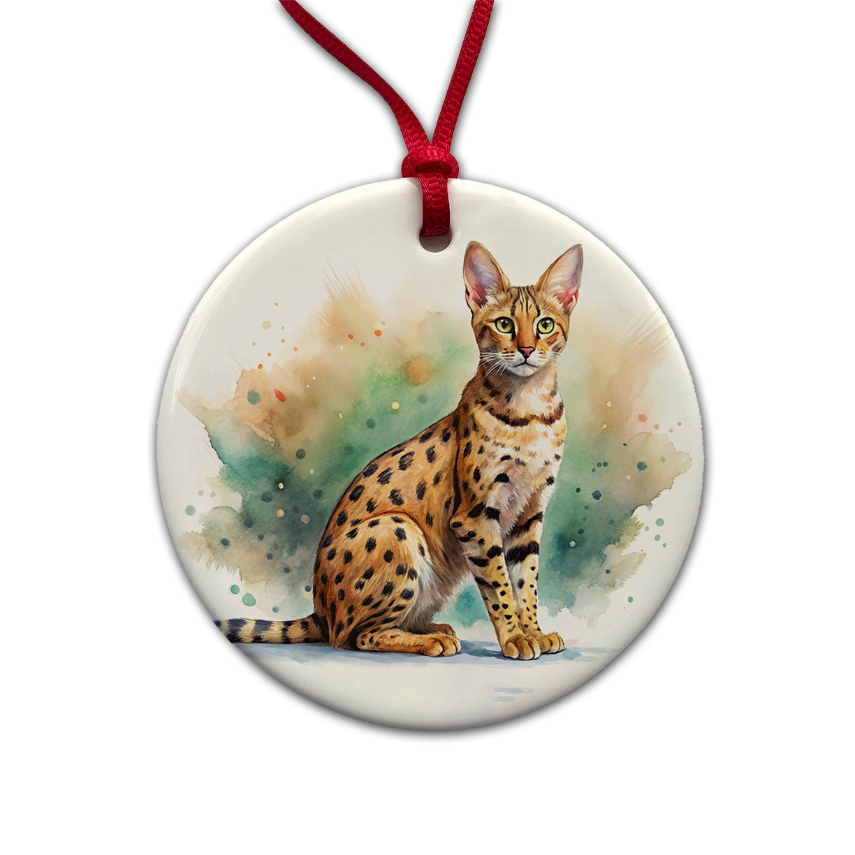 Savannah Cat Watercolor Style Round Ceramic Holiday Christmas Tree Ornament