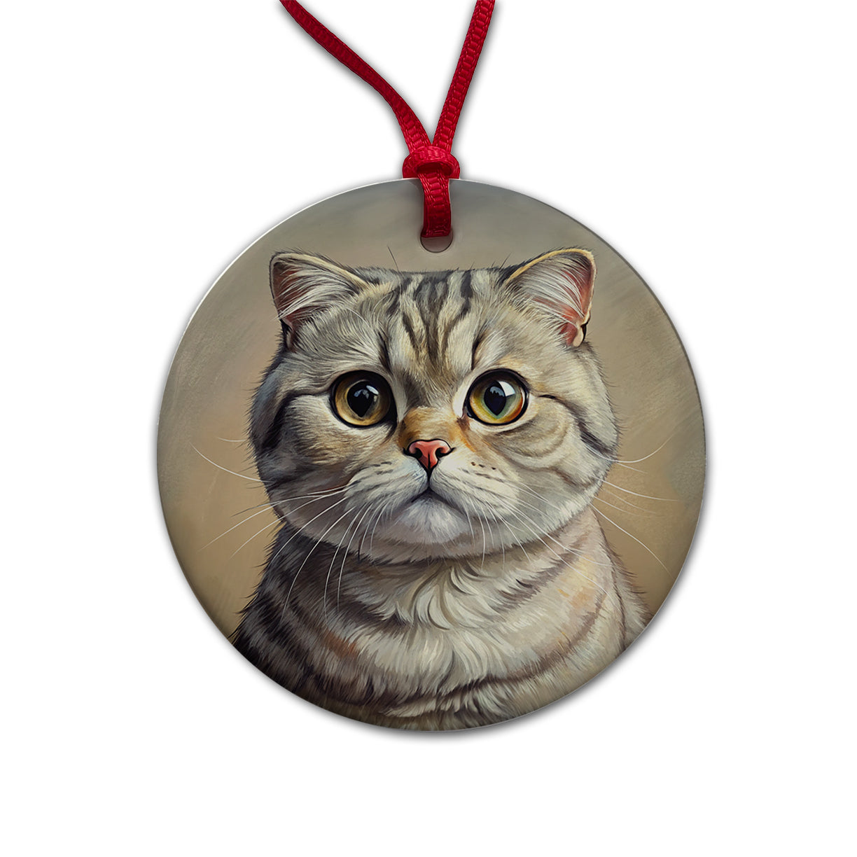 Scottish Fold Cat Illustration Round Ceramic Holiday Christmas Tree Ornament