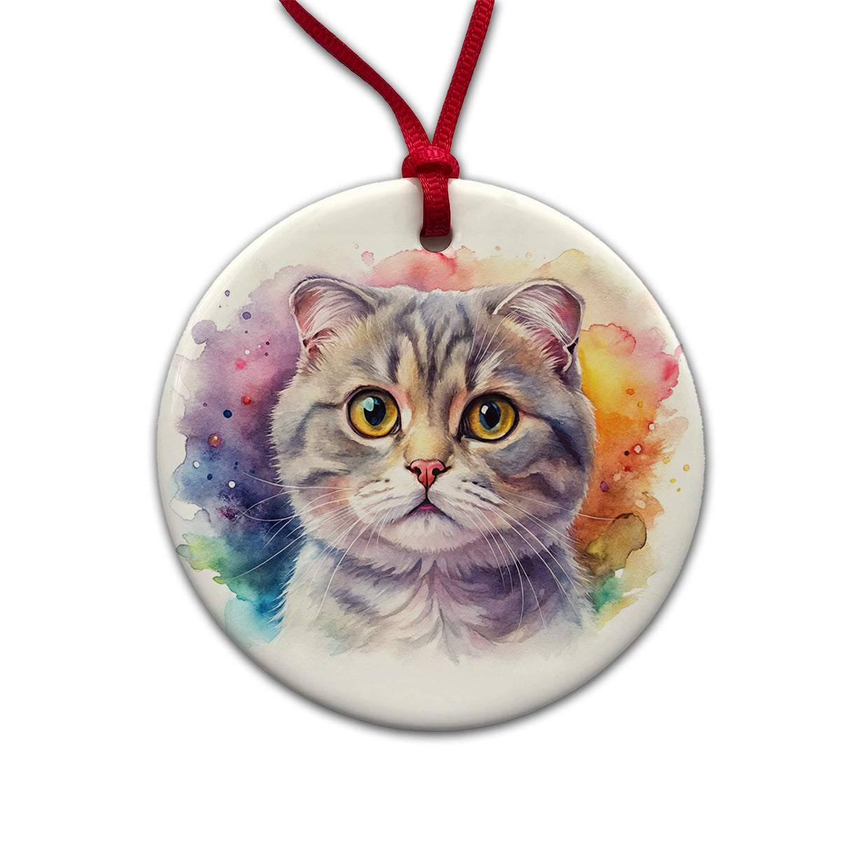 Scottish Fold Cat Watercolor Style Round Ceramic Holiday Christmas Tree Ornament