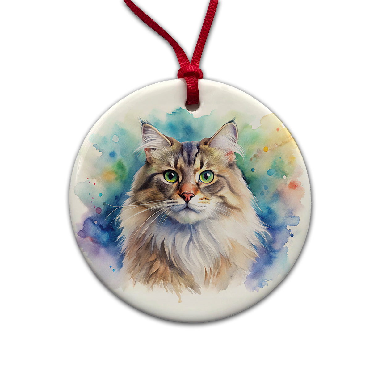 Siberian Cat Watercolor Style Round Ceramic Holiday Christmas Tree Ornament