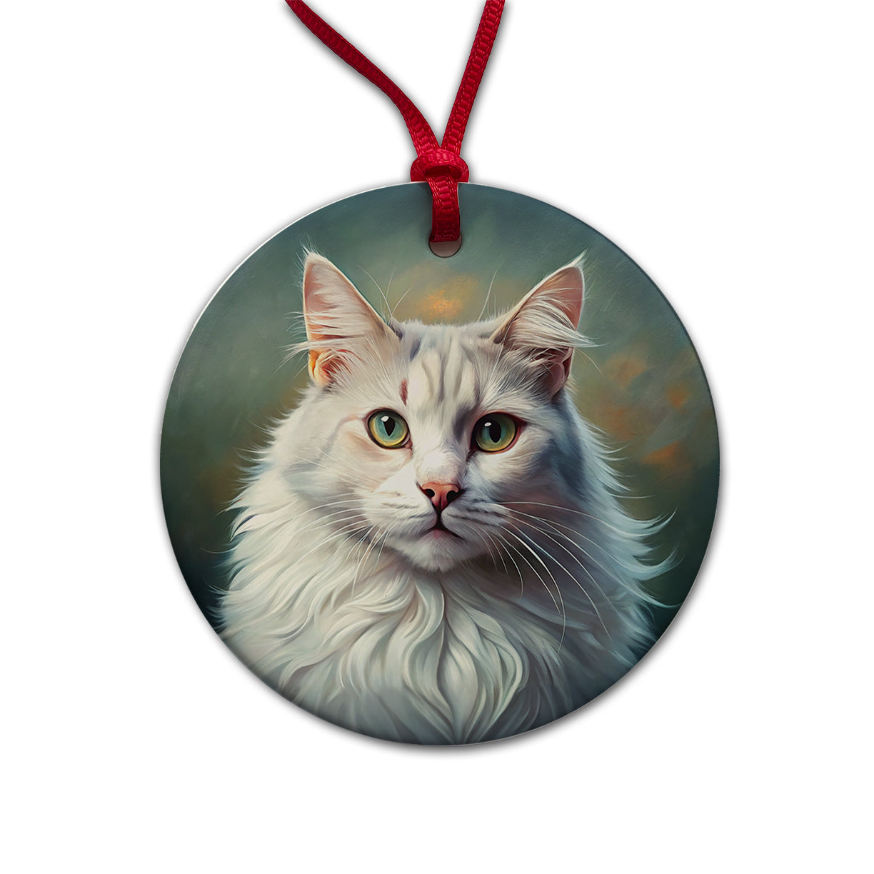 Turkish Angora Cat Illustration Round Ceramic Holiday Christmas Tree Ornament