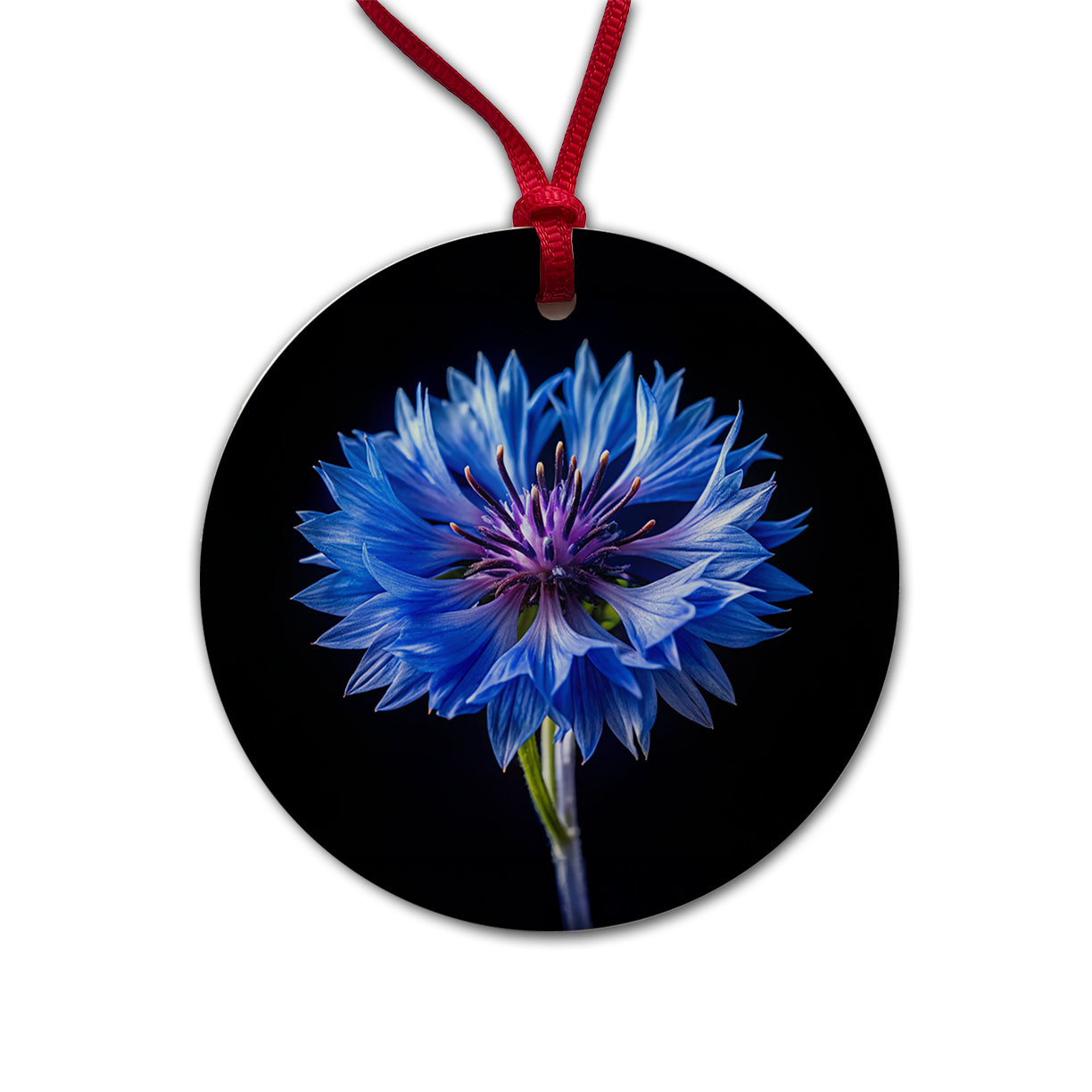 Blue Cornflower Photo Round Ceramic Holiday Christmas Tree Ornament