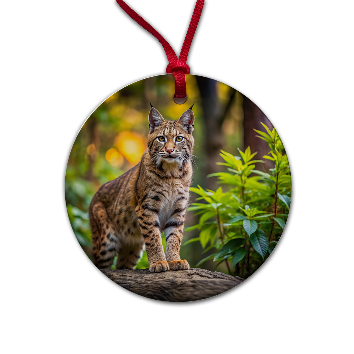 Bobcat In The Forest Round Ceramic Holiday Christmas Tree Ornament
