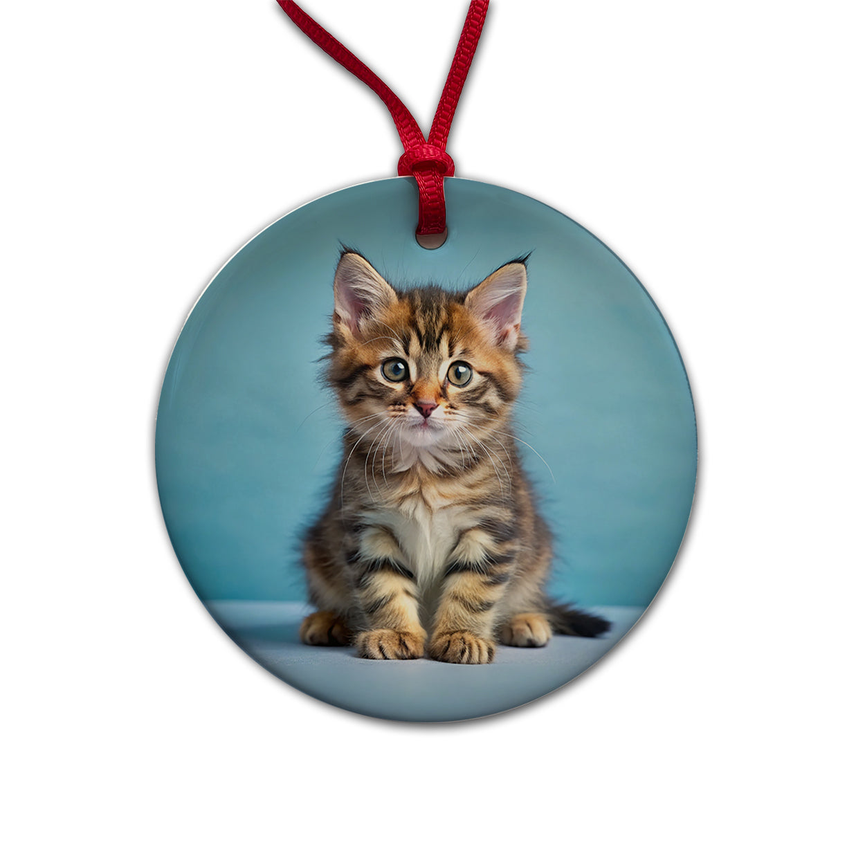 Cute Tabby Kitten Cat Photo Round Ceramic Holiday Christmas Tree Ornament