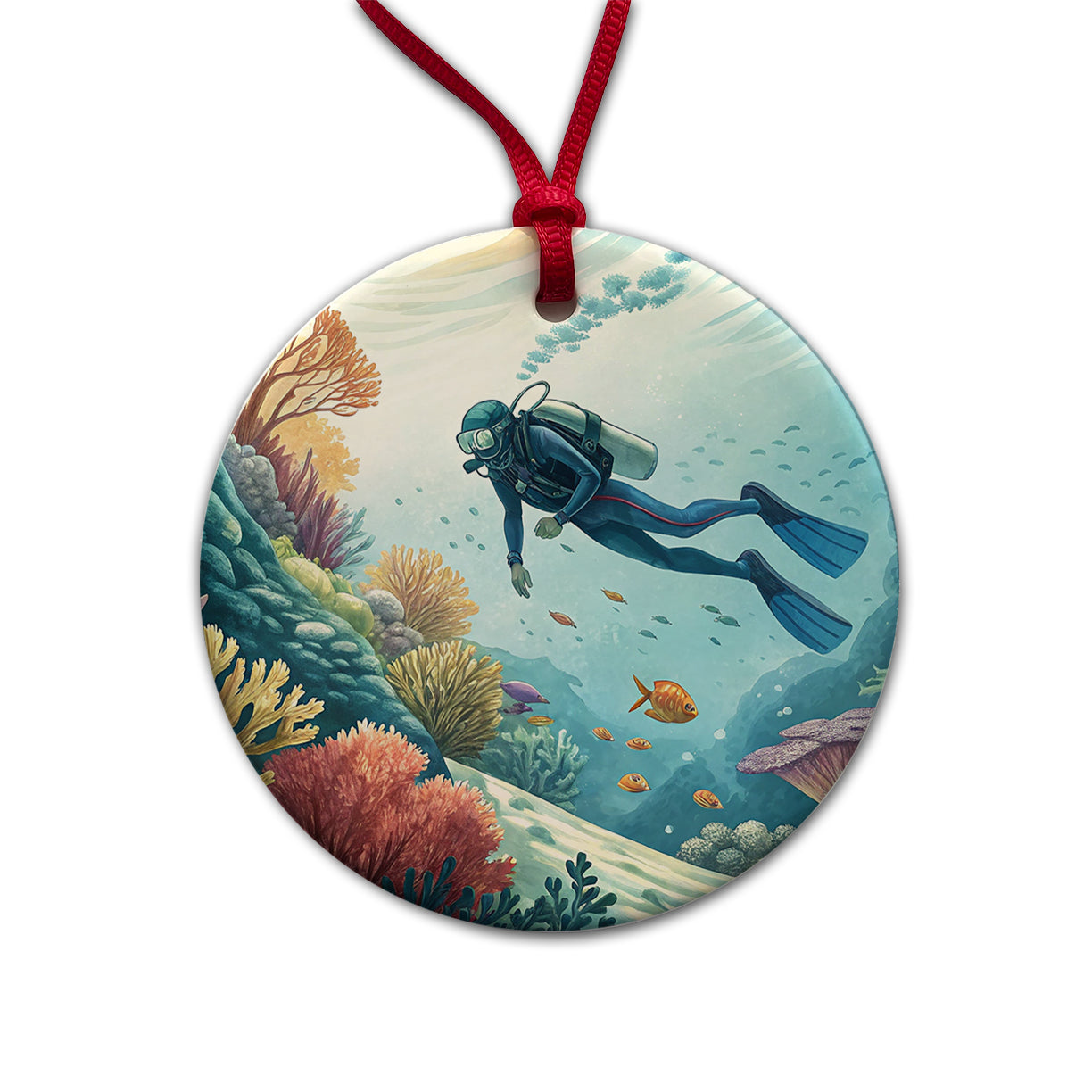 Diving Diver Exploring Underwater Round Ceramic Holiday Christmas Tree Ornament