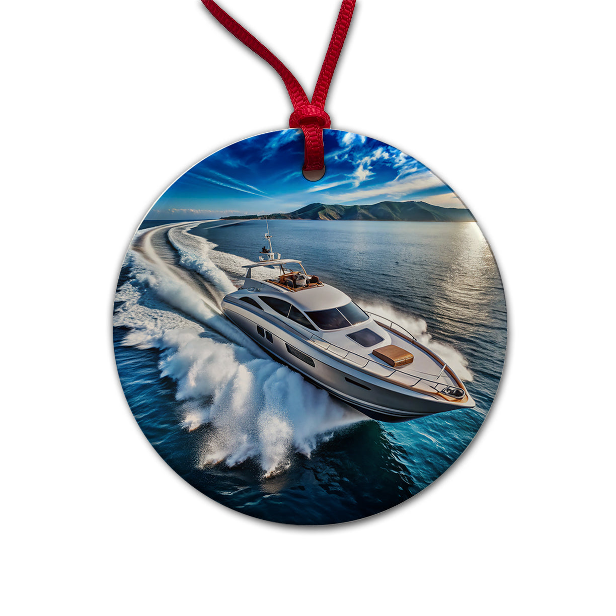 High-Performance Boat At Sea Round Ceramic Holiday Christmas Tree Ornament