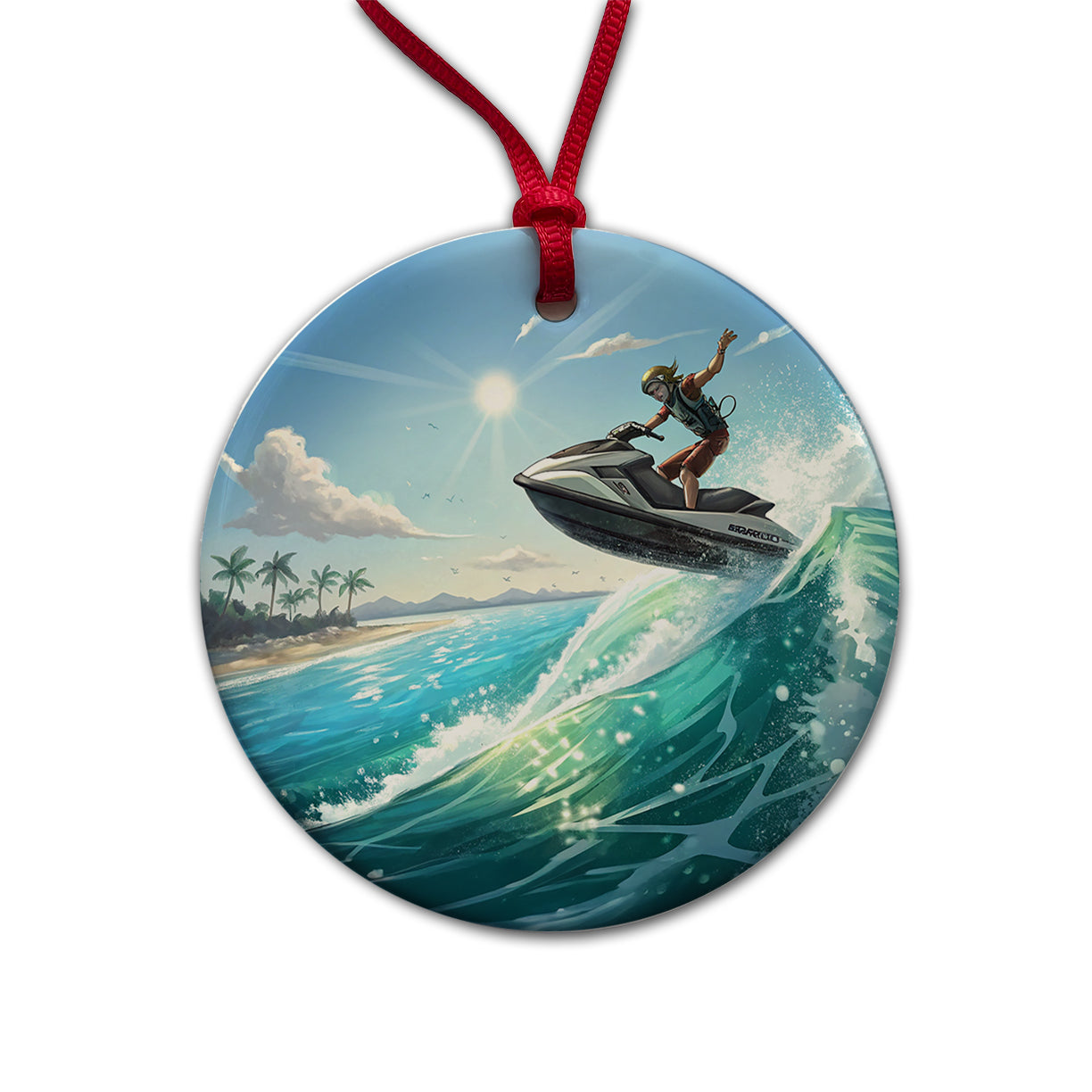 Jet Ski Skiing at Tropical Beach Round Ceramic Holiday Christmas Tree Ornament
